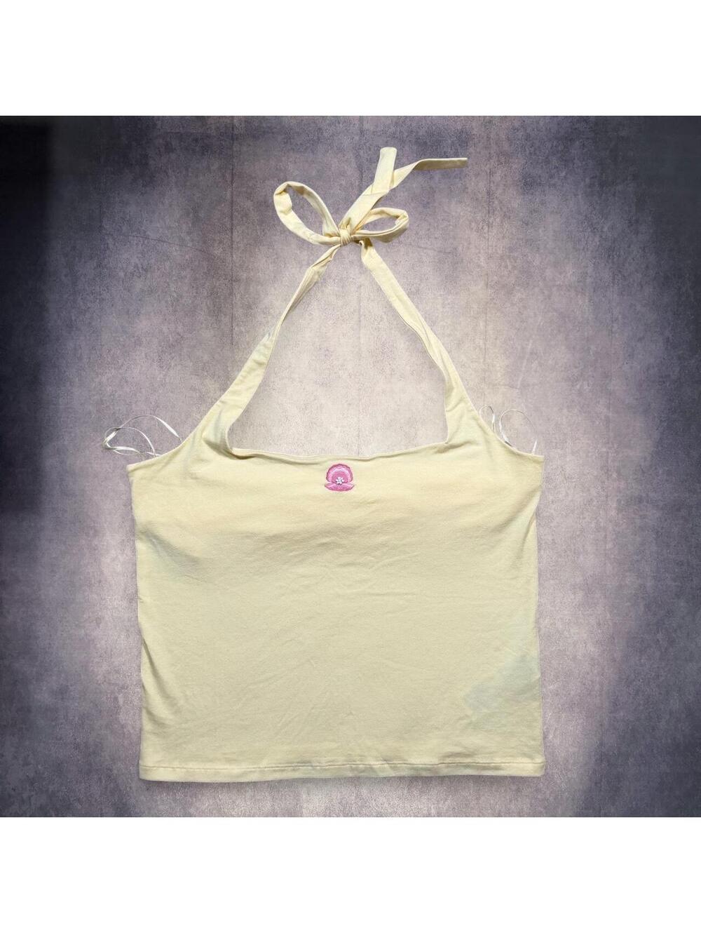 Hollister Co. Yellow halter crop top with pink pearl embroidery